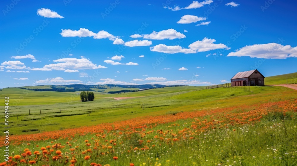 Idyllic farm with red barn in a blossoming orange field