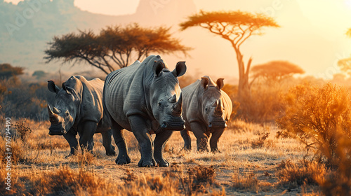 Rhinoceroses in the wild, portrait, wild animals of Africa. Nature. Rare animals of the earth.