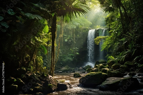 Tropical rainforest waterfall with sun rays filtering
