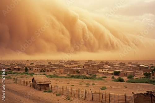 A thick cloud of dust engulfs the peaceful village, shrouding the sky with pollution and creating a hazy landscape of smoke and fog