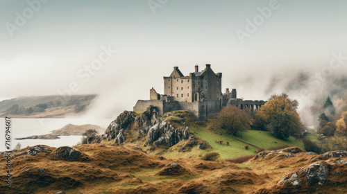 Medieval castle overlooking misty valley at dawn