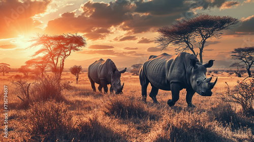 Rhinoceroses in the wild, portrait, wild animals of Africa. Nature. Rare animals of the earth. photo
