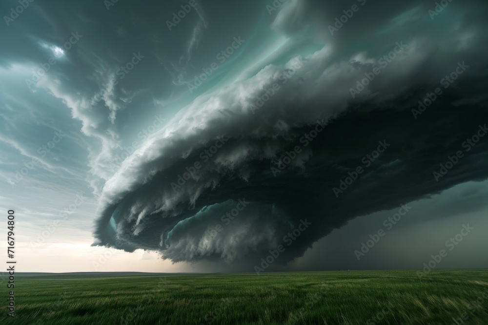 A violent tornado rips through the tranquil landscape, tearing up the grass and filling the sky with dark storm clouds, a fearsome force of nature that leaves destruction in its wake A violent tornado rips through the tranquil landscape, tearing up the grass and filling the sky with dark storm clouds, a fearsome force of nature that leaves destruction in its wake
