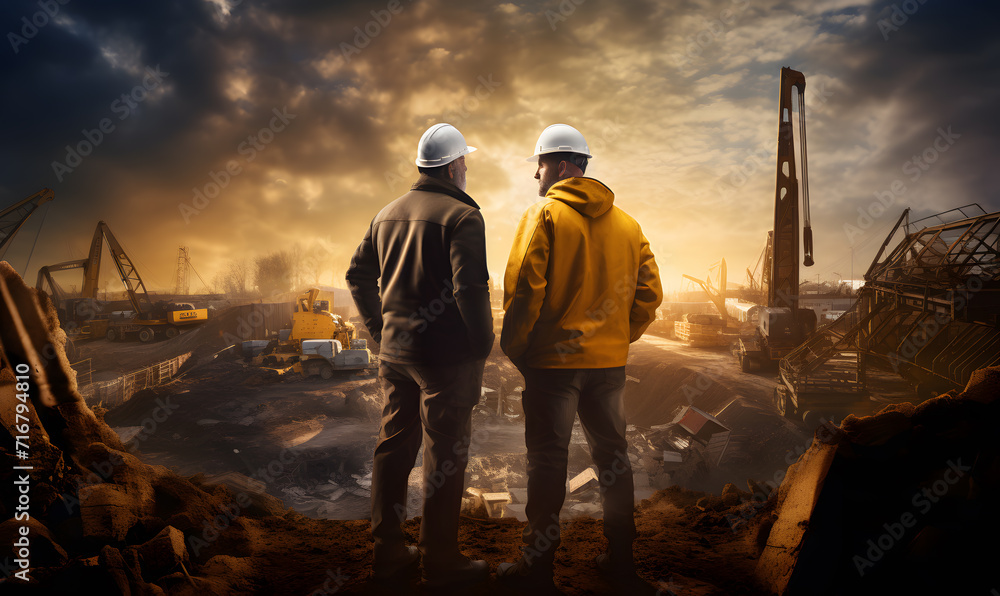 an engineer wearing safety protection hard hat looking towards construction site