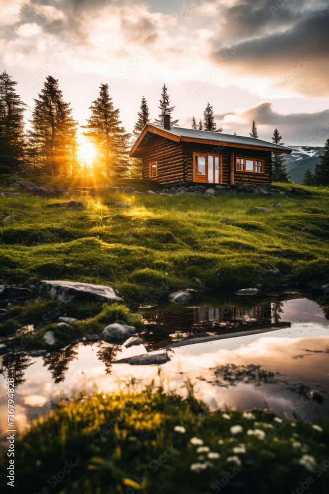 Obraz premium Cozy wooden cabin at sunrise in lush mountain landscape