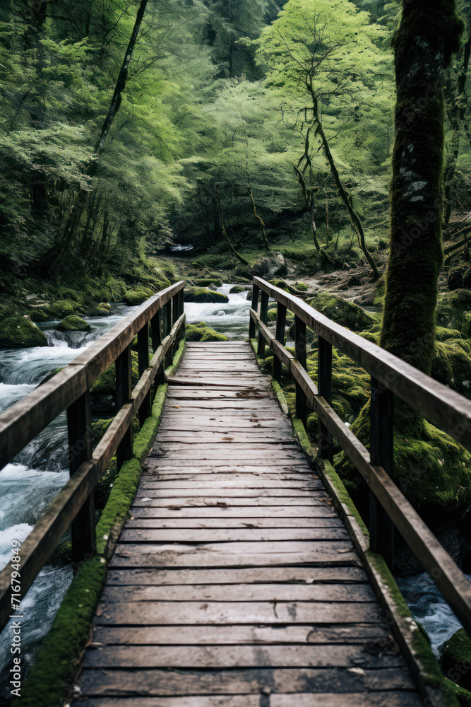 Mossy wooden bridge over forest stream in lush greenery