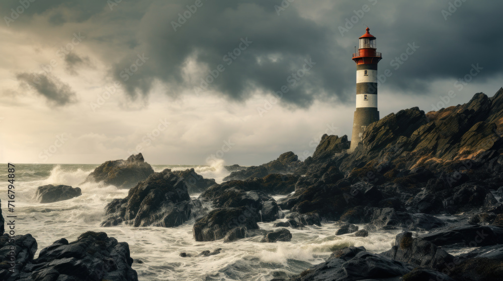 Stormy seascape with lighthouse on rocky shore