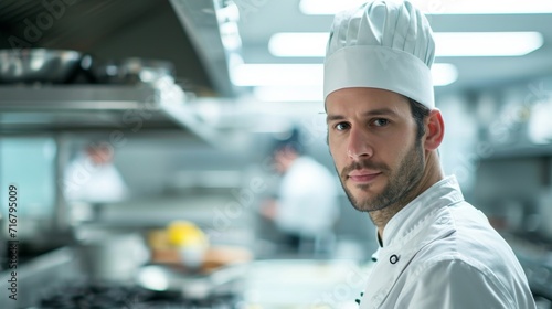 A determined man in a crisp chef's uniform confidently navigates the bustling kitchen, skillfully crafting delicious food with precision and passion