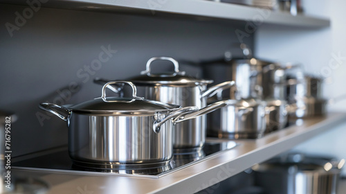 Stainless steel pots and pans on a kitchen counter © Nim