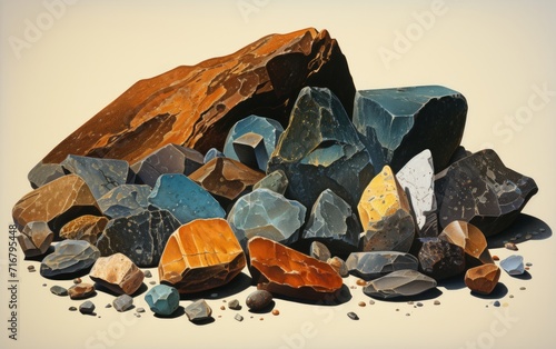 Colorful photorealistic mineral rocks ilithograph, use of precious materials