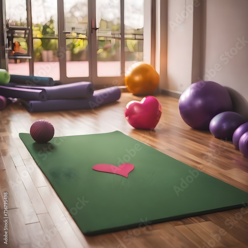 Close up of yoga mat with red 3d heart symbol on it for Fitness gym advertising and valentine with copy space for text 