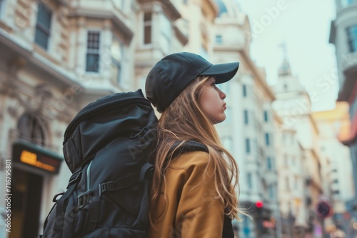 A stylish woman confidently explores the city streets, her hat and backpack completing her outdoor ensemble against the backdrop of a beautiful sky and urban buildings