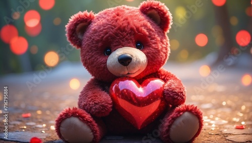 Cuddly Love, Portrait of Teddy Bear Holding Valentine's Red Heart © Art by H