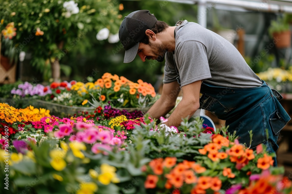 A stylishly dressed man stands amidst a vibrant botanical garden, surrounded by colorful annual plants and expertly designed floral arrangements, exuding a sense of peace and tranquility in the midst A stylishly dressed man stands amidst a vibrant botanical garden, surrounded by colorful annual plants and expertly designed floral arrangements, exuding a sense of peace and tranquility in the midst