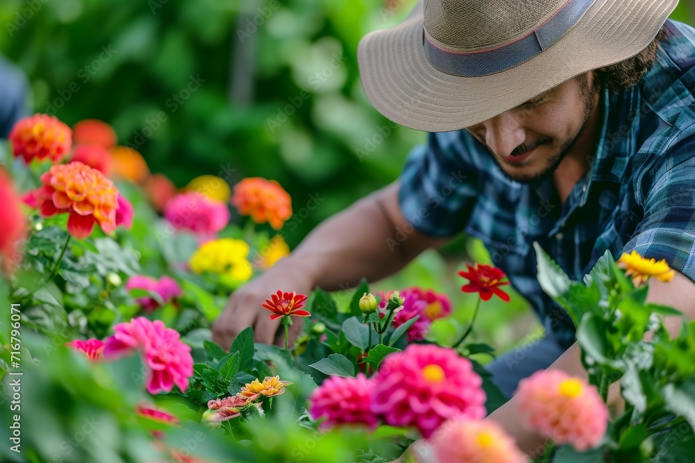 A stylish man in a sun hat carefully selects the perfect chrysanthemum, adding a touch of flair to his outdoor garden and creating a beautiful display of floristry