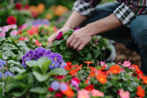 A person dressed in outdoor clothing carefully picks vibrant annual flowers from a pot in their garden  creating a colorful masterpiece