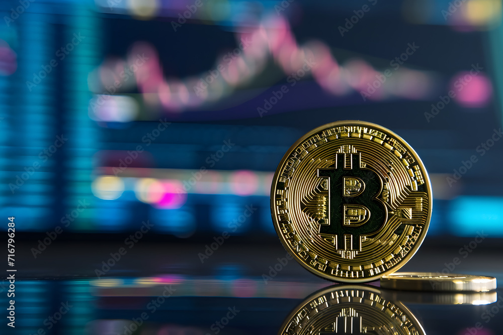 Bitcoin standing in front chart diagram, trading graph, crypto Bitcoin standing in front chart diagram, trading graph, crypto