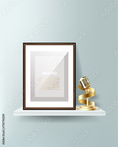 Trophy and frame realistic composition with bright wall shelf and golden statuette retro microphone with empty photo frame vector illustration