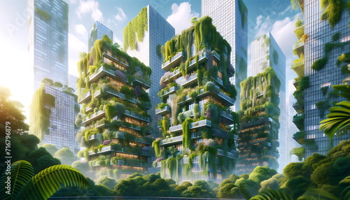 a scene of green, ecologically sustainable buildings covered in plants, creating a modern background. blueprint of green, ecologically sustainable buildings covered in plants. photo
