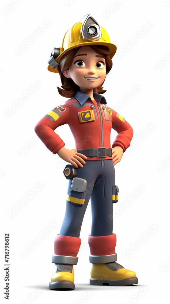 Woman firefighter, full body, in firefighter uniform, ready to save the city from fires, white background. 3D rendering concept design illustration. Woman firefighter, full body, in firefighter uniform, ready to save the city from fires, white background. 3D rendering concept design illustration.