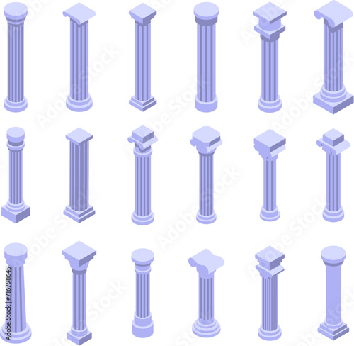 Greece pillar icons set isometric vector. Ancient column. Marble old history