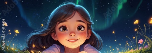 Wallpaper Mural Floral Nightfall, Enchanting Cartoon Beautiful girl Under Northern Lights in a Field of Flowers Torontodigital.ca