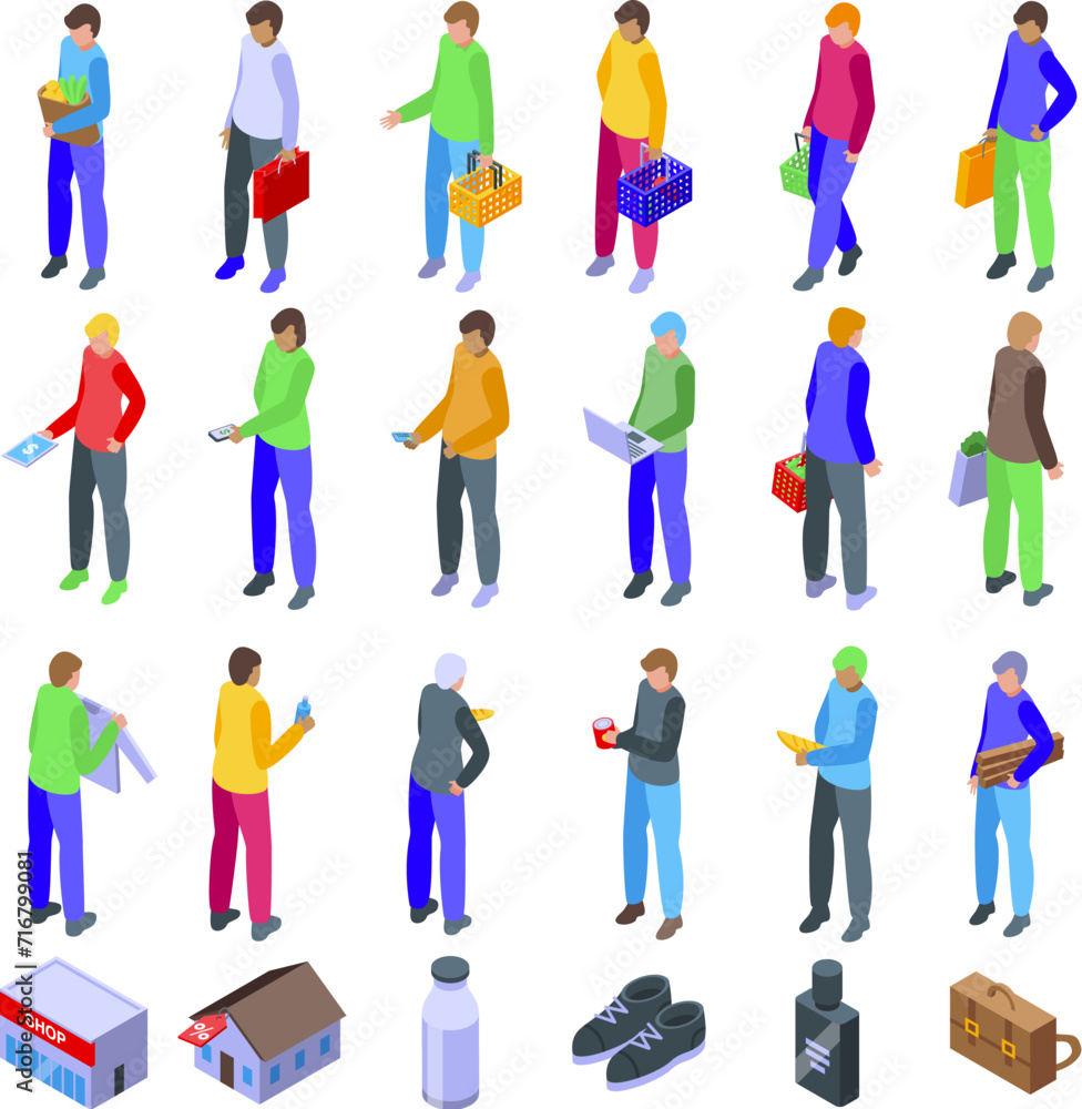 Male buyer icons set isometric vector. Store clothing. Shop mall online