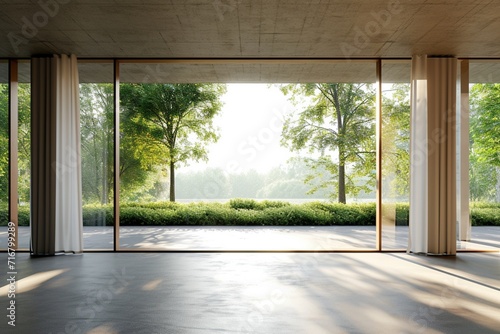 Contemporary and modern empty hall with a 3D render showcasing a view of nature. It overlooks the living room with concrete floors, plank ceilings, and blank white walls providing ample space for copy