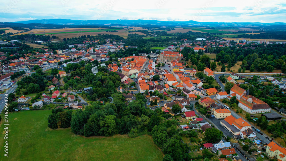 Aerial around the old town of Horsovsky Tyn in the Czechia on a cloudy day in summer