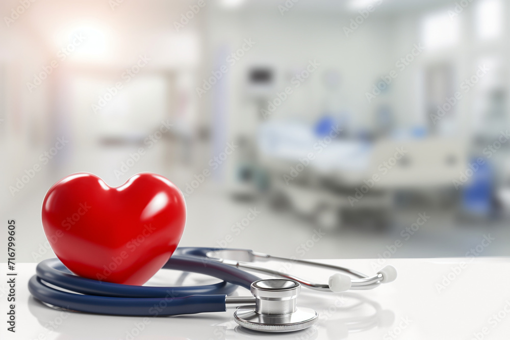 A red heart and a stethoscope are placed on a white table. The background is a blurred hospital room.