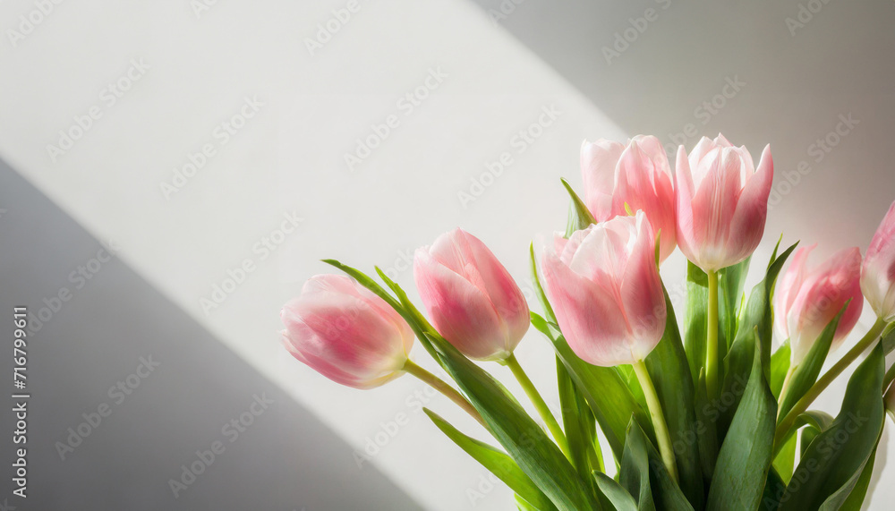 A radiant bouquet of pink tulips against a white backdrop, illuminated by natural light. The composition emphasizes the delicate petals and green stems, perfect for spring-themed designs. A radiant bouquet of pink tulips against a white backdrop, illuminated by natural light. The composition emphasizes the delicate petals and green stems, perfect for spring-themed designs.
