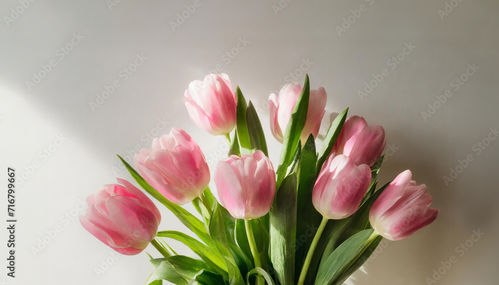 A radiant bouquet of pink tulips against a white backdrop, illuminated by natural light. The composition emphasizes the delicate petals and green stems, perfect for spring-themed designs. A radiant bouquet of pink tulips against a white backdrop, illuminated by natural light. The composition emphasizes the delicate petals and green stems, perfect for spring-themed designs.