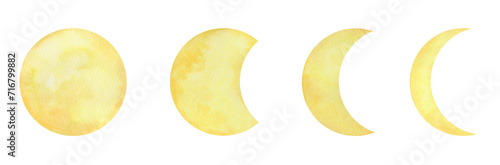 A set of yellow watercolor moon isolated on a white background, hand-drawn. An element for design and decoration. A textured planet, a satellite. Watercolor spot, circle. photo