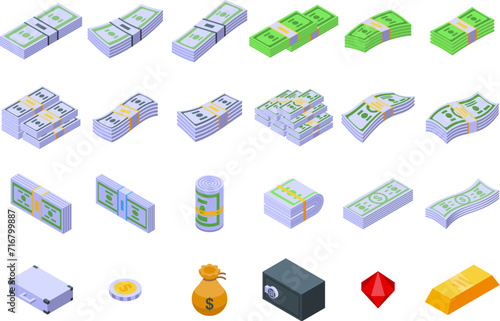 Money bundle icons set isometric vector. Dollar stack. Cash bunch roll