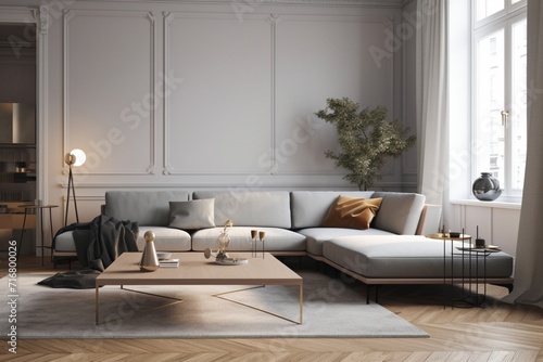 Modern apartment's stylish living room interior with trendy furniture, featuring a gray sofa on a parquet wooden floor, complemented by elegant accessories. Home decoration template in a 3D render