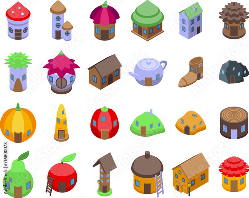 Gnome house icons set isometric vector. Forest mushroom. Dwelling building