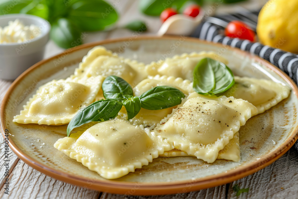 Ravioli with ricotta and spinach on a platter. Ravioli with ricotta and spinach on a platter.
