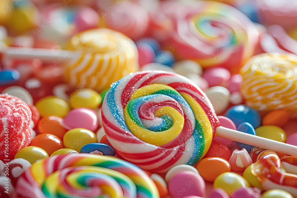 delicious sweets, including lollipops, candies, and sugary delights with vibrant swirls and stripes, creating a fun and delight delicious sweets, including lollipops, candies, and sugary delights with vibrant swirls and stripes, creating a fun and delight
