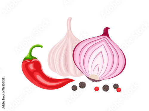 Spicy spices set. Onion, garlic, hot red chili pepper and dry peppercorns. Vector cartoon flat illustration. Seasoning icon.