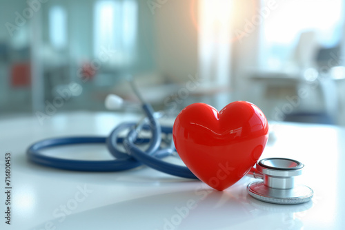 A red heart and a stethoscope are placed on a white table. The background is a blurred hospital room.