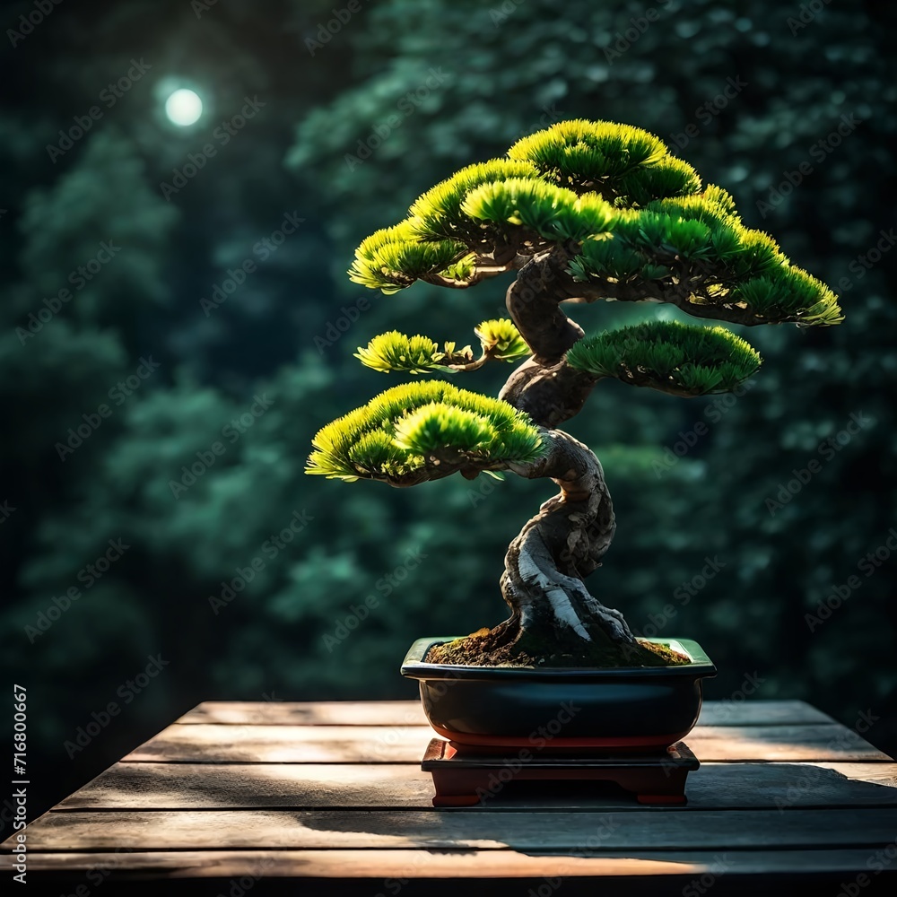 Beautiful bonsai tree on table. Traditional japanese bonsai tree - generative ai Beautiful bonsai tree on table. Traditional japanese bonsai tree - generative ai