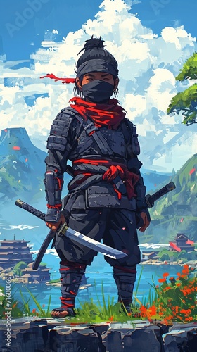 pixel art of ninja character, game asset, 2d pixel art photo