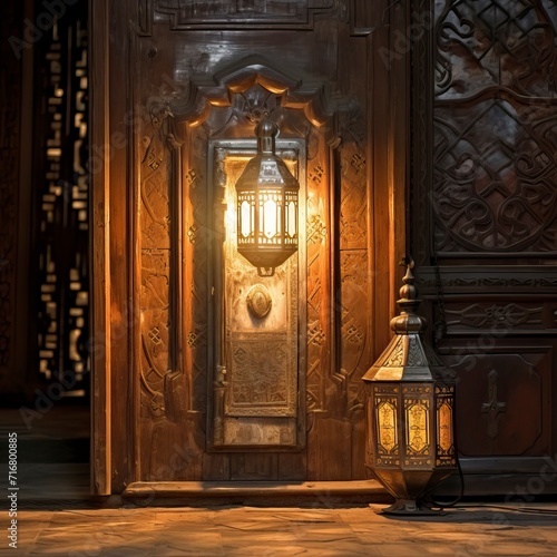 Glowing Lantern by Ornate Wooden Door 