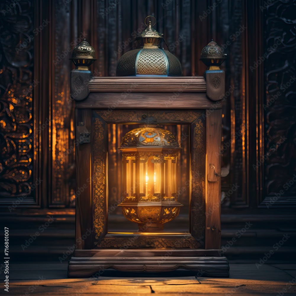 Glowing Lantern by Ornate Wooden Door Glowing Lantern by Ornate Wooden Door