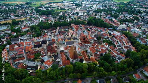Aerial around the old town of the city Schrobenhausen in Bavaria on a cloudy day in summer