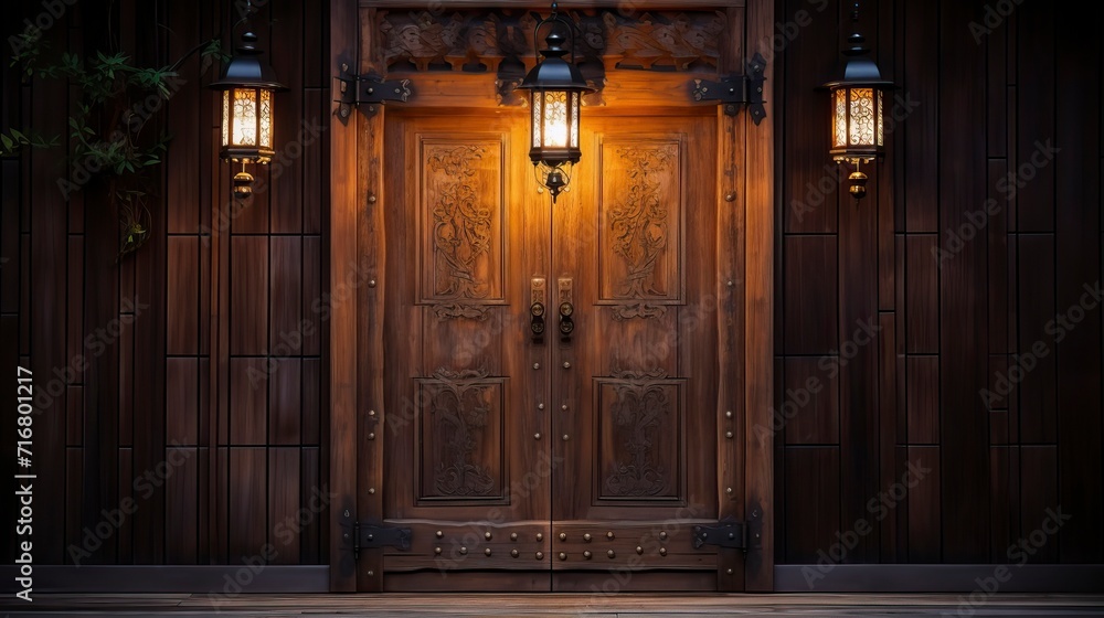 Glowing Lantern by Ornate Wooden Door Glowing Lantern by Ornate Wooden Door