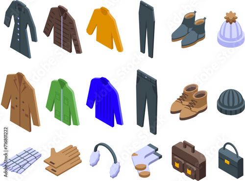 Wardrobe winter icons set isometric vector. Coat jacket. Season sweater