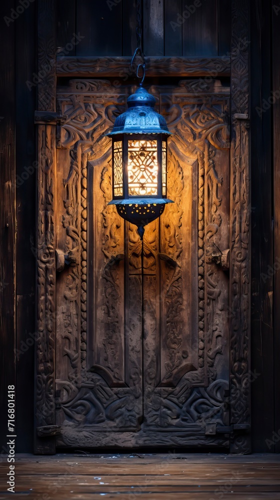Glowing Lantern by Ornate Wooden Door Glowing Lantern by Ornate Wooden Door