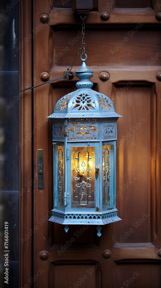 Glowing Lantern by Ornate Wooden Door Glowing Lantern by Ornate Wooden Door