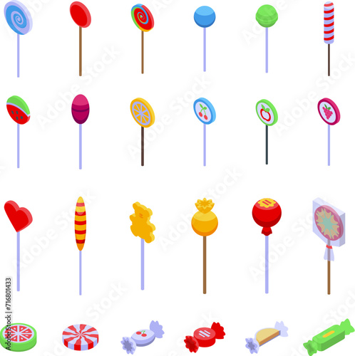 Lollypop icons set isometric vector. Spiral round sweet. Candy sugar